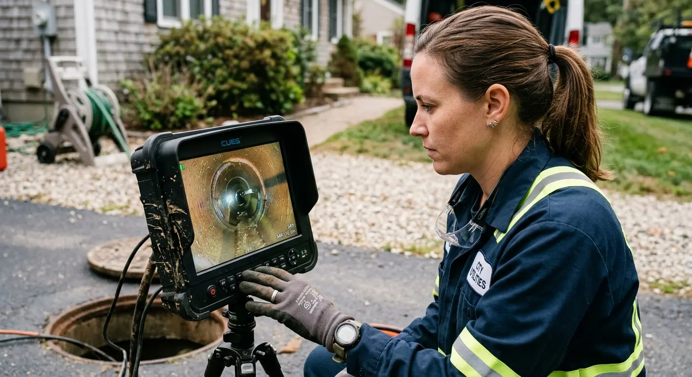 Technician reviewing sewer camera inspection footage in Lyons