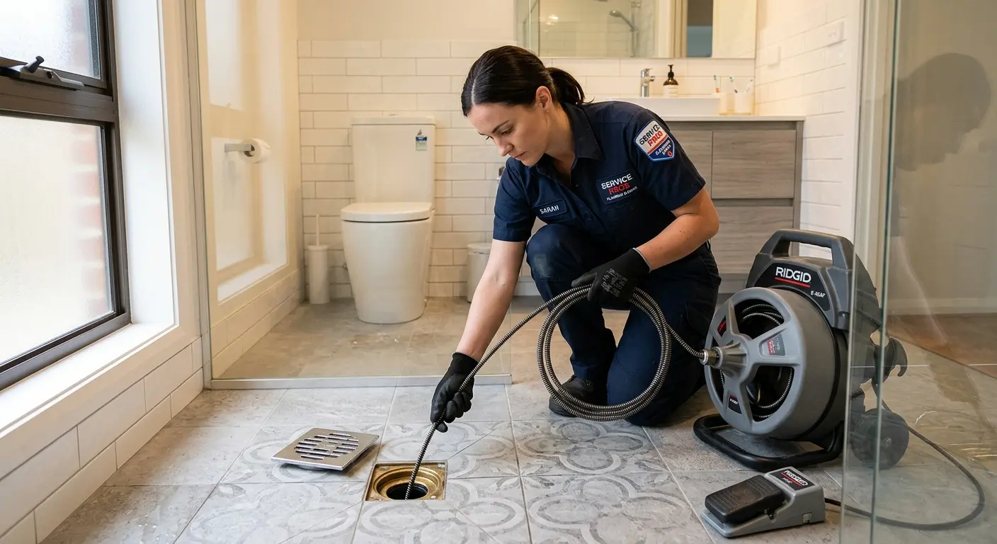 Technician clearing a bathroom floor drain for Sewer Line Installation in Lyons